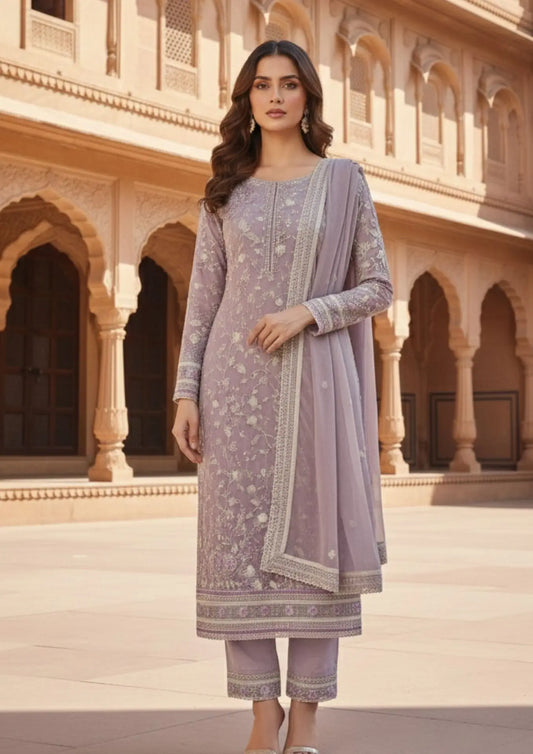 Unstitched Lavender Georgette With Sequin Embroidered Suit Material