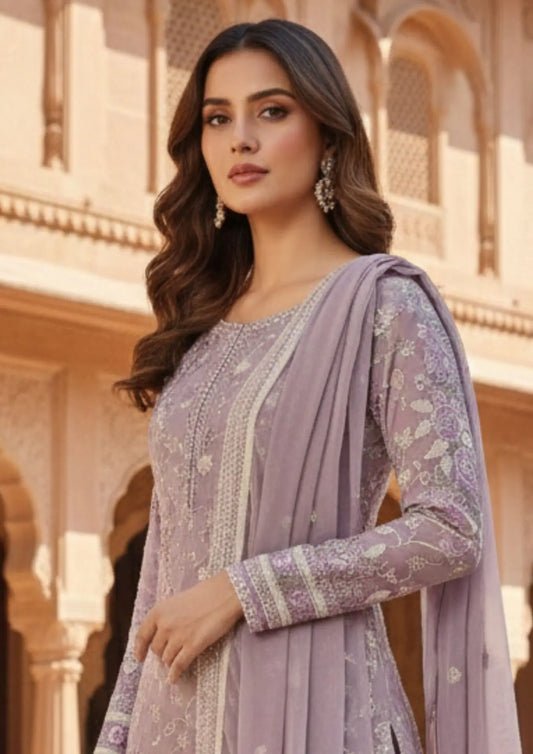 Unstitched Lavender Georgette With Sequin Embroidered Suit Material
