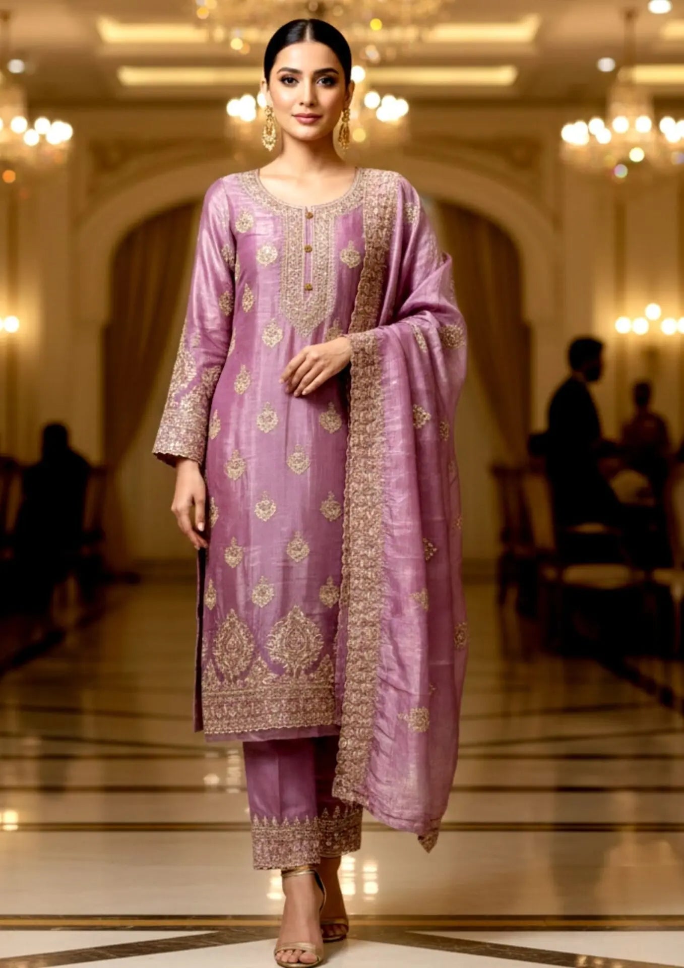 Purple-Lavender Semi Stitched Shimmer Tissue Suit Set With Dupatta With Embroidery
