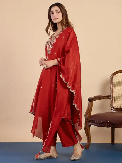 Rust Red Silk Blend Embroidered Kurta and Pant with Dupatta