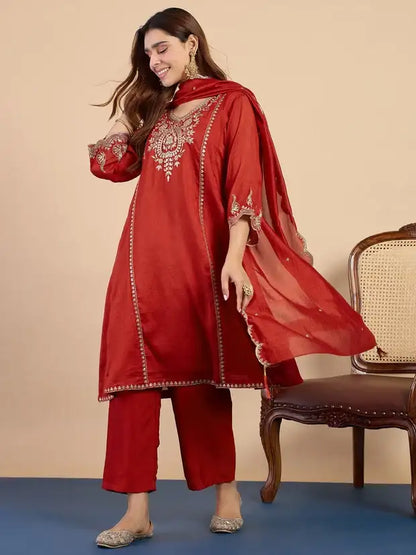 Rust Red Silk Blend Embroidered Kurta and Pant with Dupatta