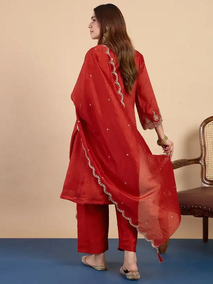 Rust Red Silk Blend Embroidered Kurta and Pant with Dupatta