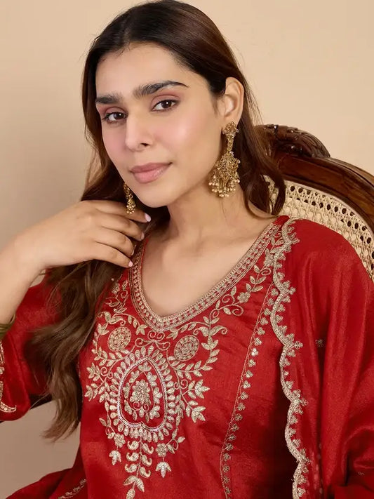 Rust Red Silk Blend Embroidered Kurta and Pant with Dupatta