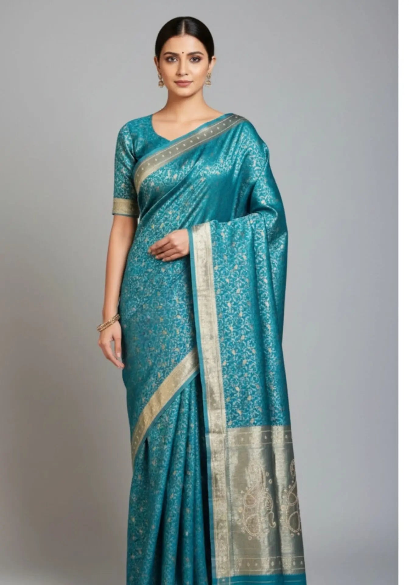 Turquoise Blue Banarasi Silk Saree With Silver-Gold Zari Floral Work