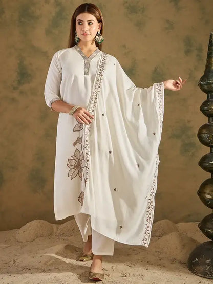 White Silk Blend Embroidered Kurta Pant and Dupatta Set