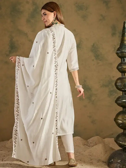 White Silk Blend Embroidered Kurta Pant and Dupatta Set