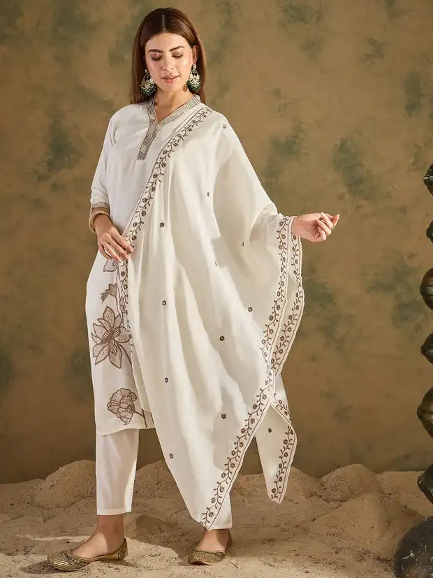 White Silk Blend Embroidered Kurta Pant and Dupatta Set