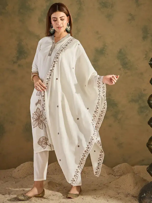 White Silk Blend Embroidered Kurta Pant and Dupatta Set