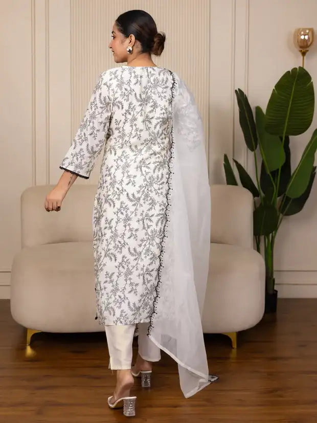 Cream and Black Silk Blend Embroidered Kurta Pant and Dupatta Set