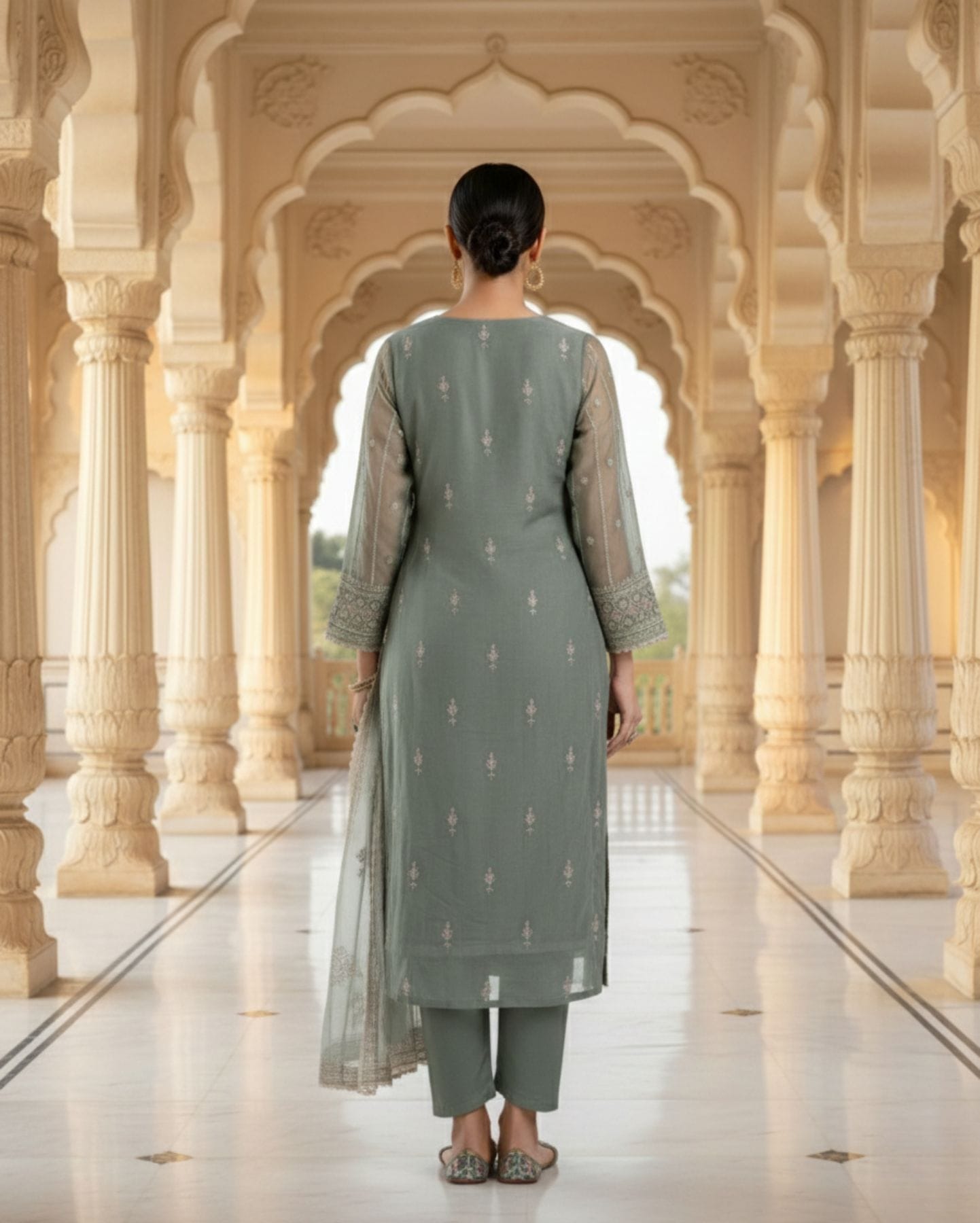 unstitched soft sage green organza with fine shimmer and intricate ivory threadwork suit material