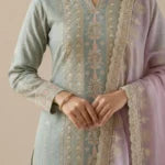 Unstitched Blush Pink Organza Suit With Ivory-Gold Floral Embroidery Suit Material
