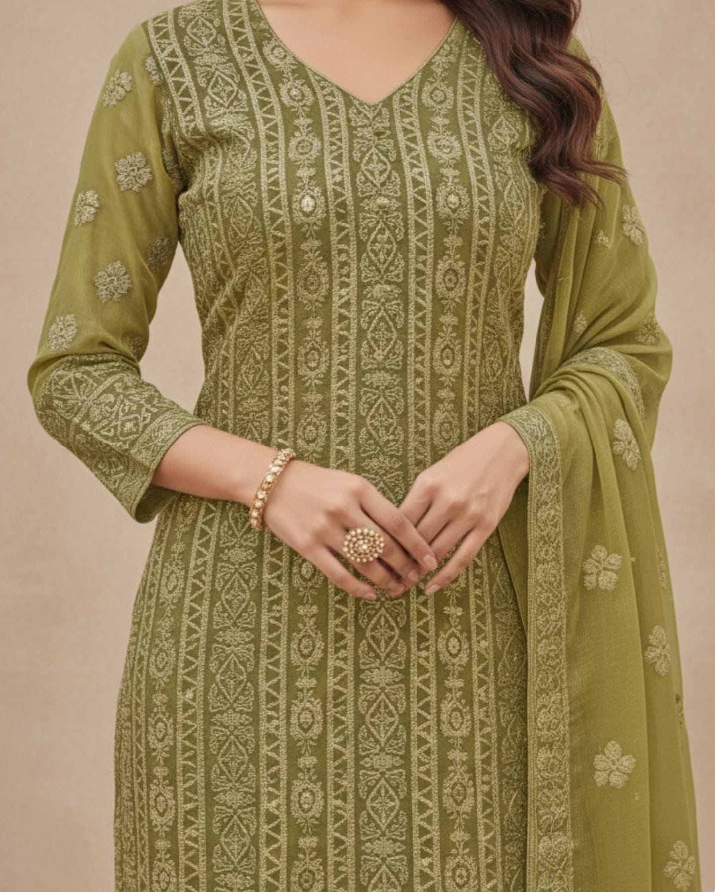 unstitched dusty teal green viscose georgette fabric adorned with delicate ivory thread embroidered suit material