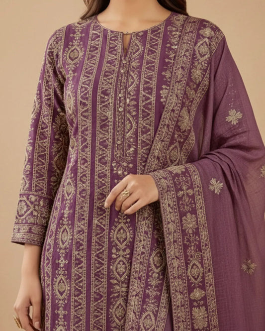Unstitched Dusty Mauve-Purple Viscose-Georgette Fabric Adorned With Delicate Ivory Thread Embroidered Suit Material