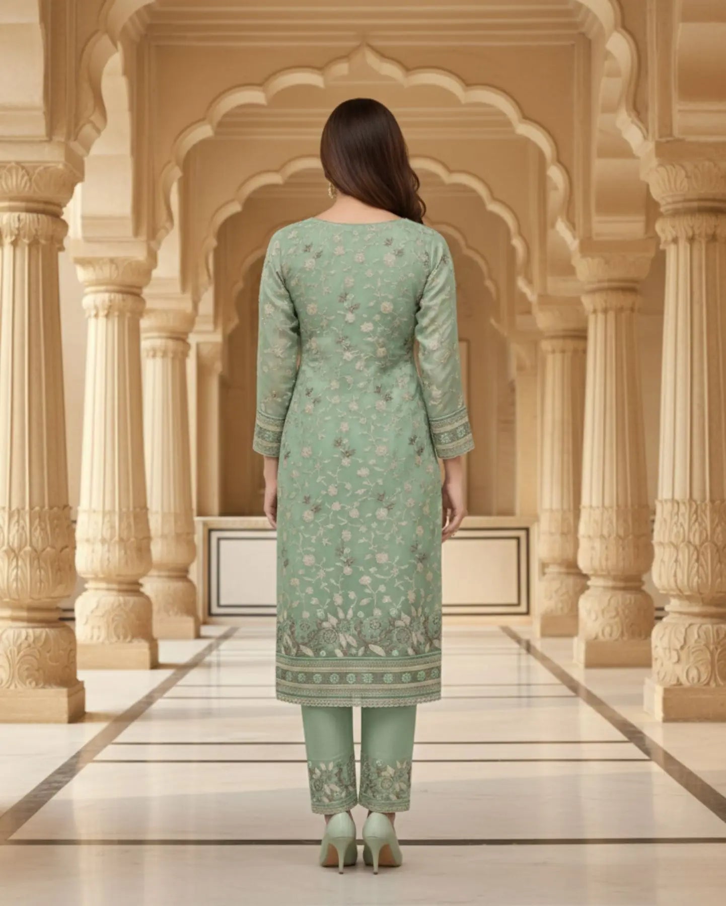 Unstitched Soft Sea-Green Organza Fabric Adorned With Delicate Ivory Thread Embroidered Suit Material