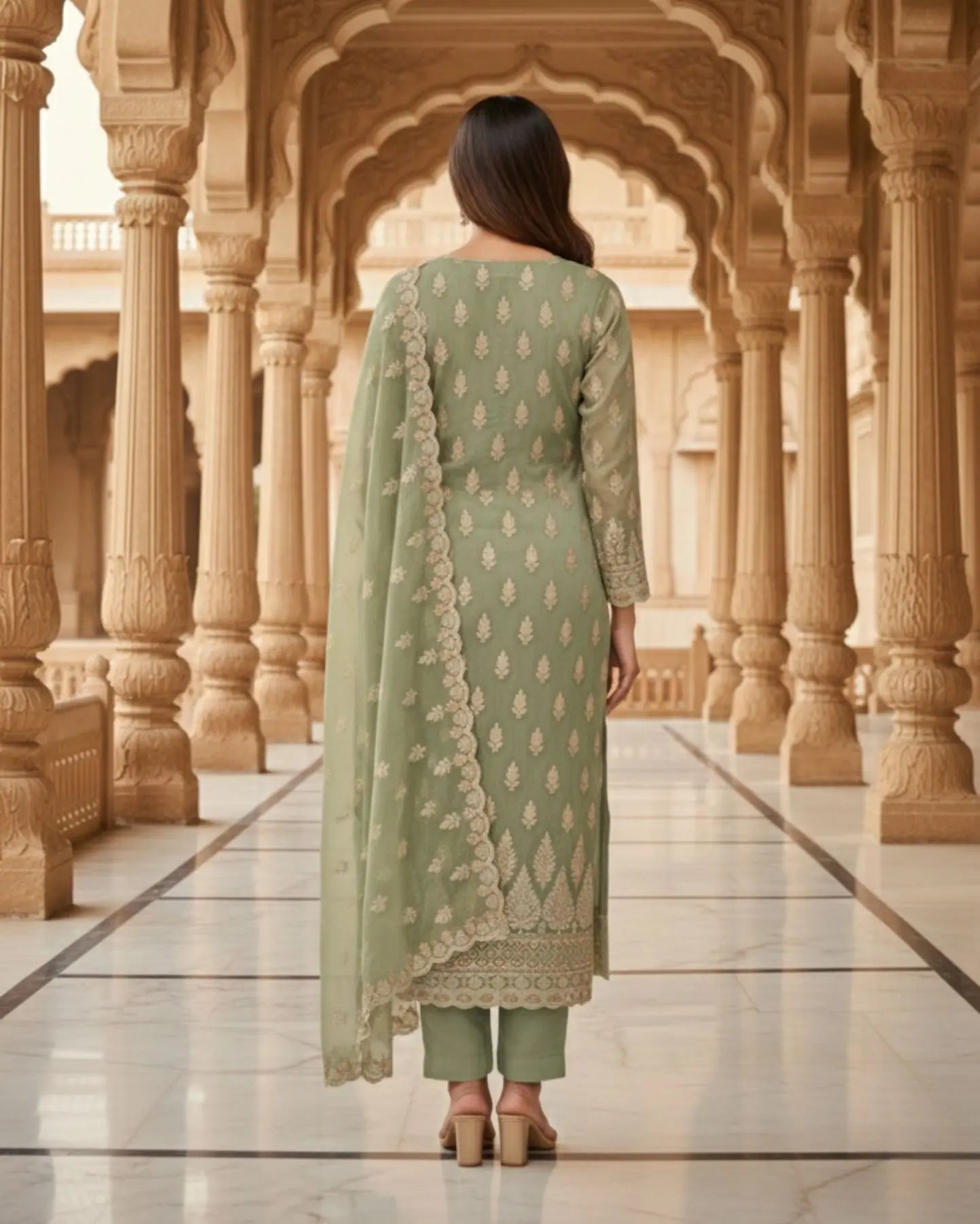 Semi-Stitched Sea-Green Soft Georgette Suit With Ivory Sequin Tree Motifs