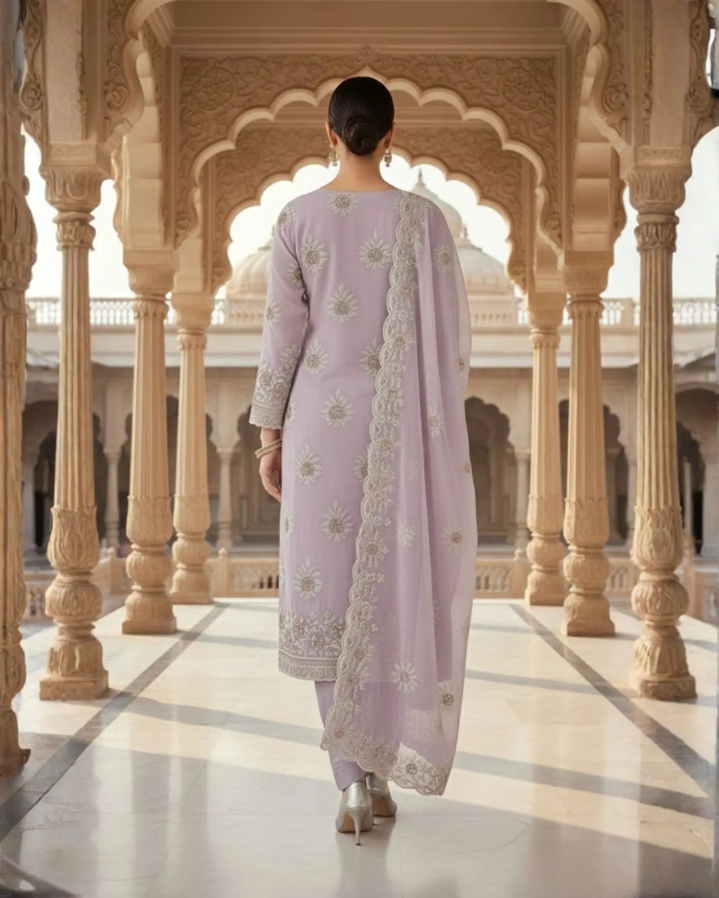 Semi-Stitched Mauve Lilac Chiffon Suit With Heavy Floral Sequin Border Detailing