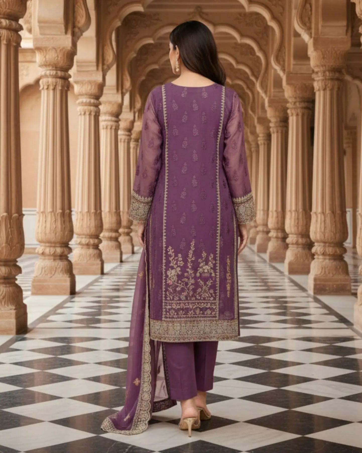Plum-Purple Semi-Stitched With Multicolour Embroidery Lightweight Organza Suit Set With Dupatta