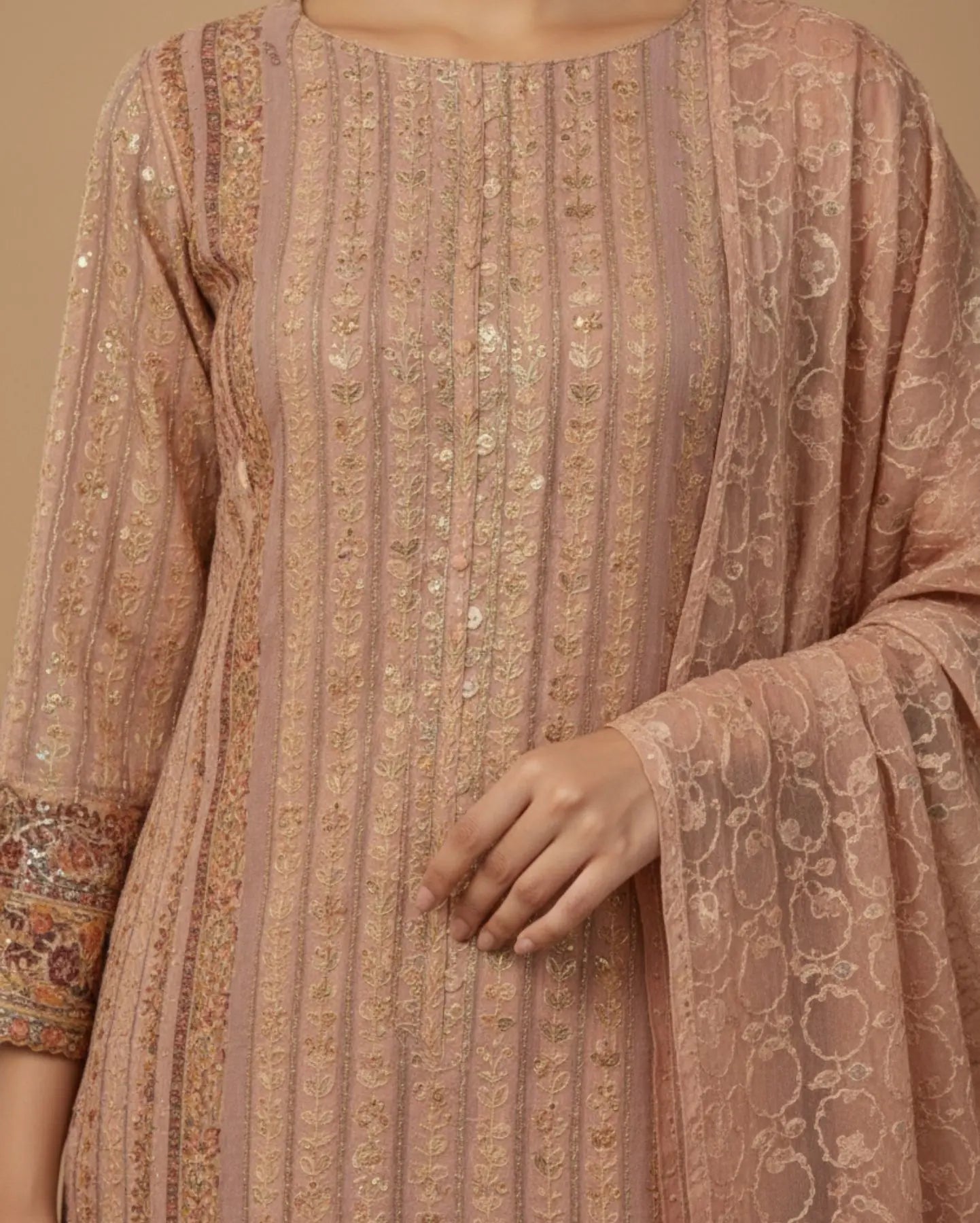 Dusty Rose Unstitched Textured Jacquard Chiffon With Resham And Sequin Work Suit Set With Dupatta