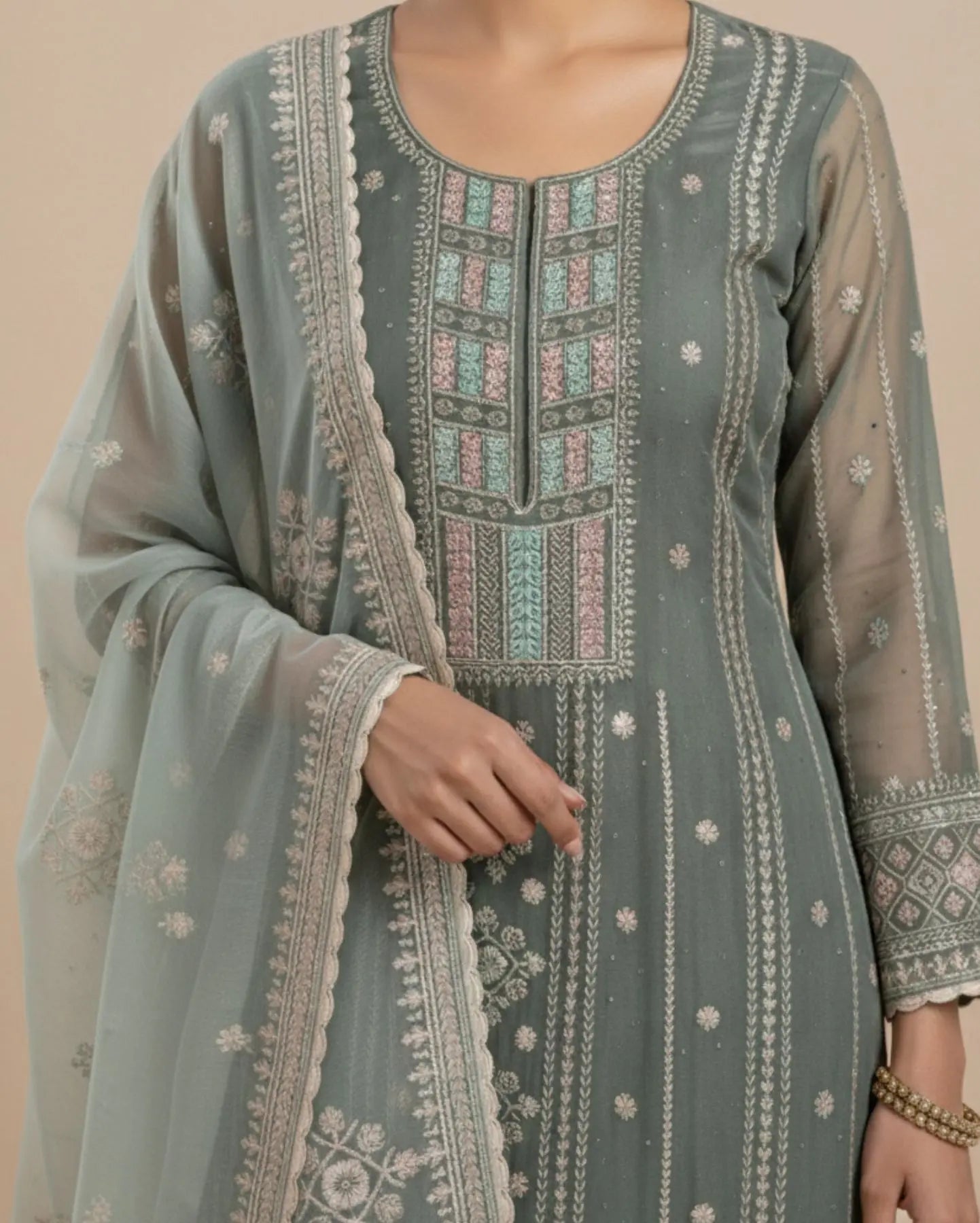 Unstitched Soft Sage-Green Organza With Fine Shimmer And Intricate Ivory Threadwork Suit Material