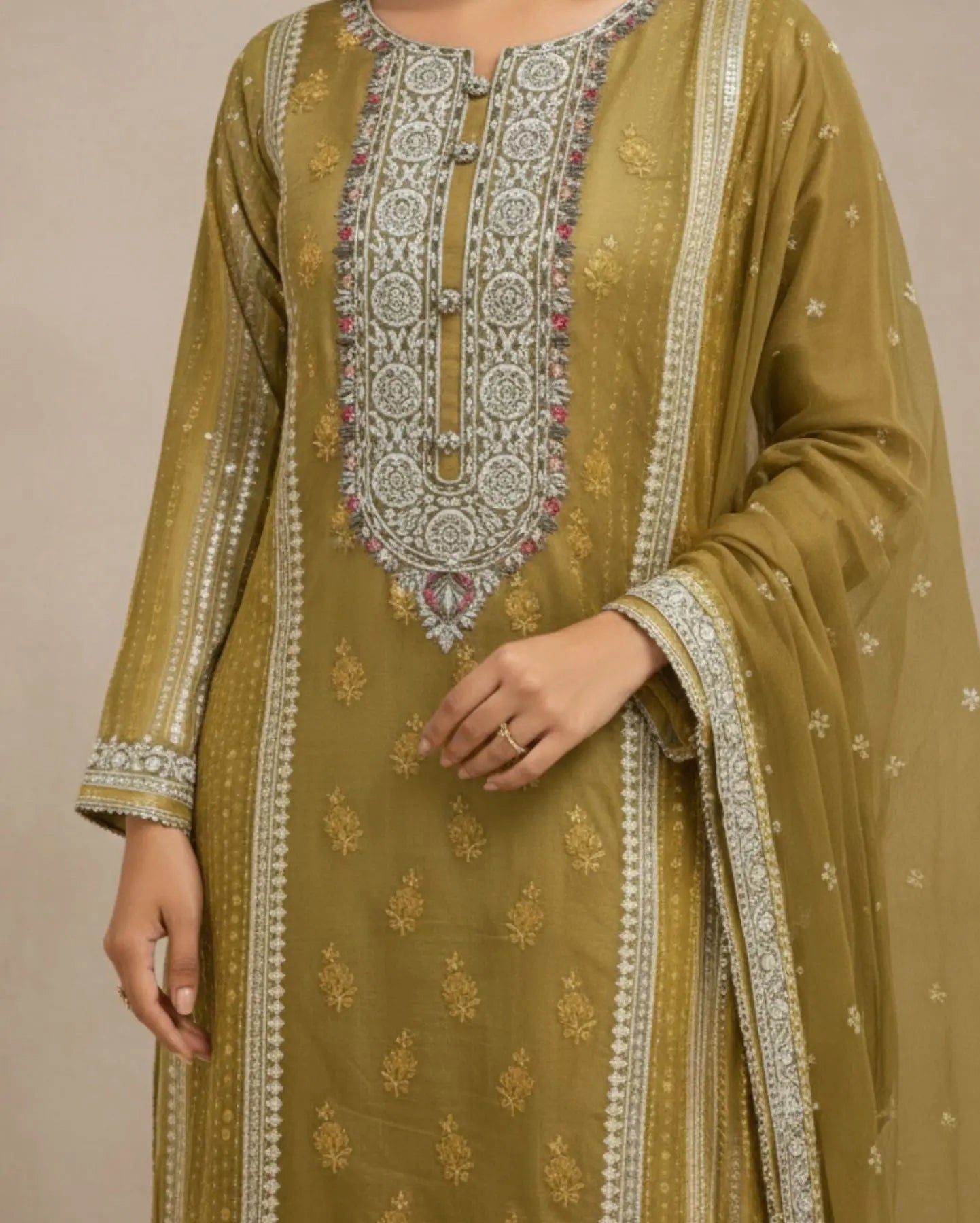 Semi-Stitched Soft Organza In A Rich Olive-Mustard Shade With Intricate Multicolour Thread And Zari Embroidery Suit Material