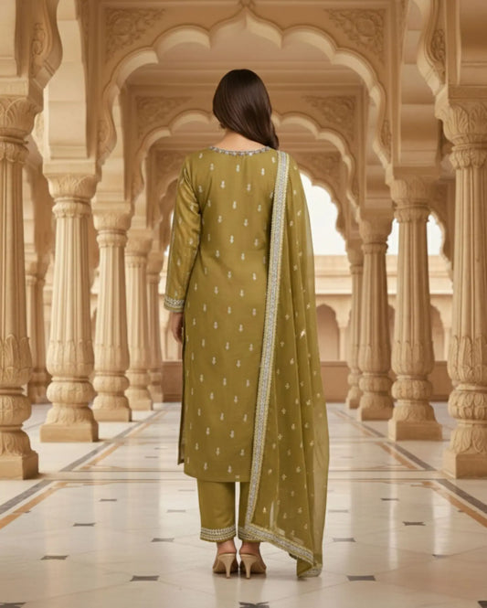 Semi-Stitched Soft Organza In A Rich Olive-Mustard Shade With Intricate Multicolour Thread And Zari Embroidery Suit Material