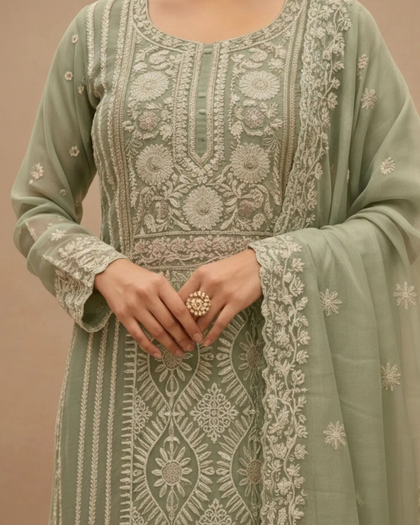 Semi-Stitched Soft Pastel Mint Green Organza Suit With Intricate White Thread And Golden Sequin Embroidery