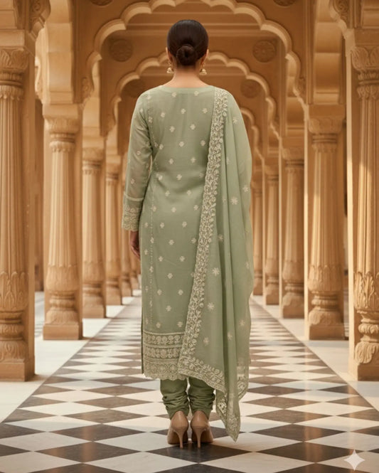 Semi-Stitched Soft Pastel Mint Green Organza Suit With Intricate White Thread And Golden Sequin Embroidery