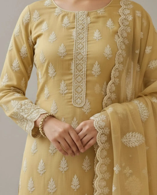 Semi-Stitched Muted Olive-Beige Chiffon Suit With Delicate Ivory Sequin Leaf Embroidery