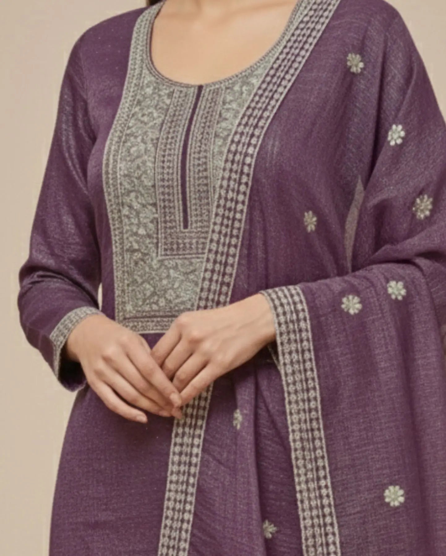 Semi-Stitched Plum-Purple Organza Suit Featuring Fine Zari And Sequin Embroidery