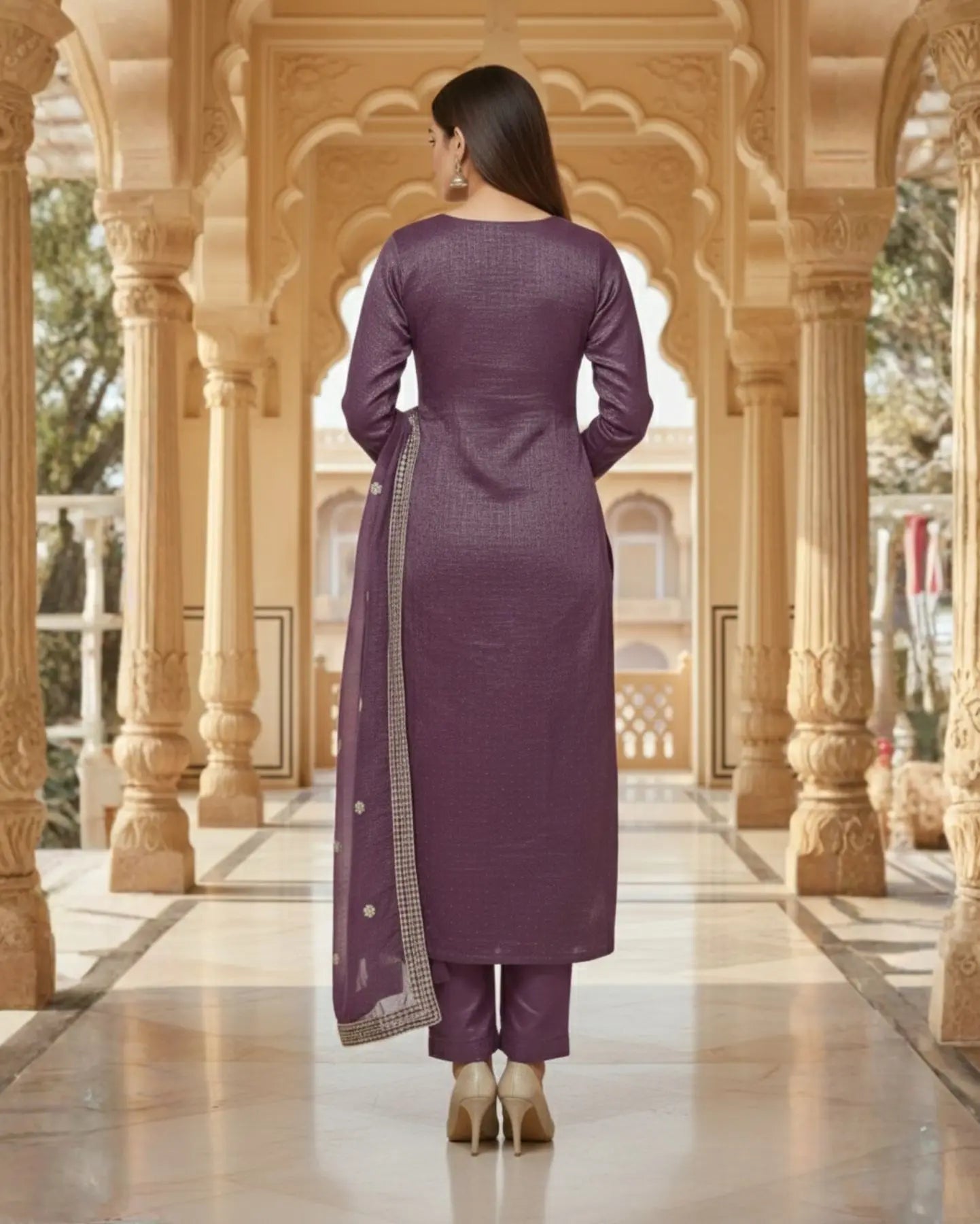 Semi-Stitched Plum-Purple Organza Suit Featuring Fine Zari And Sequin Embroidery