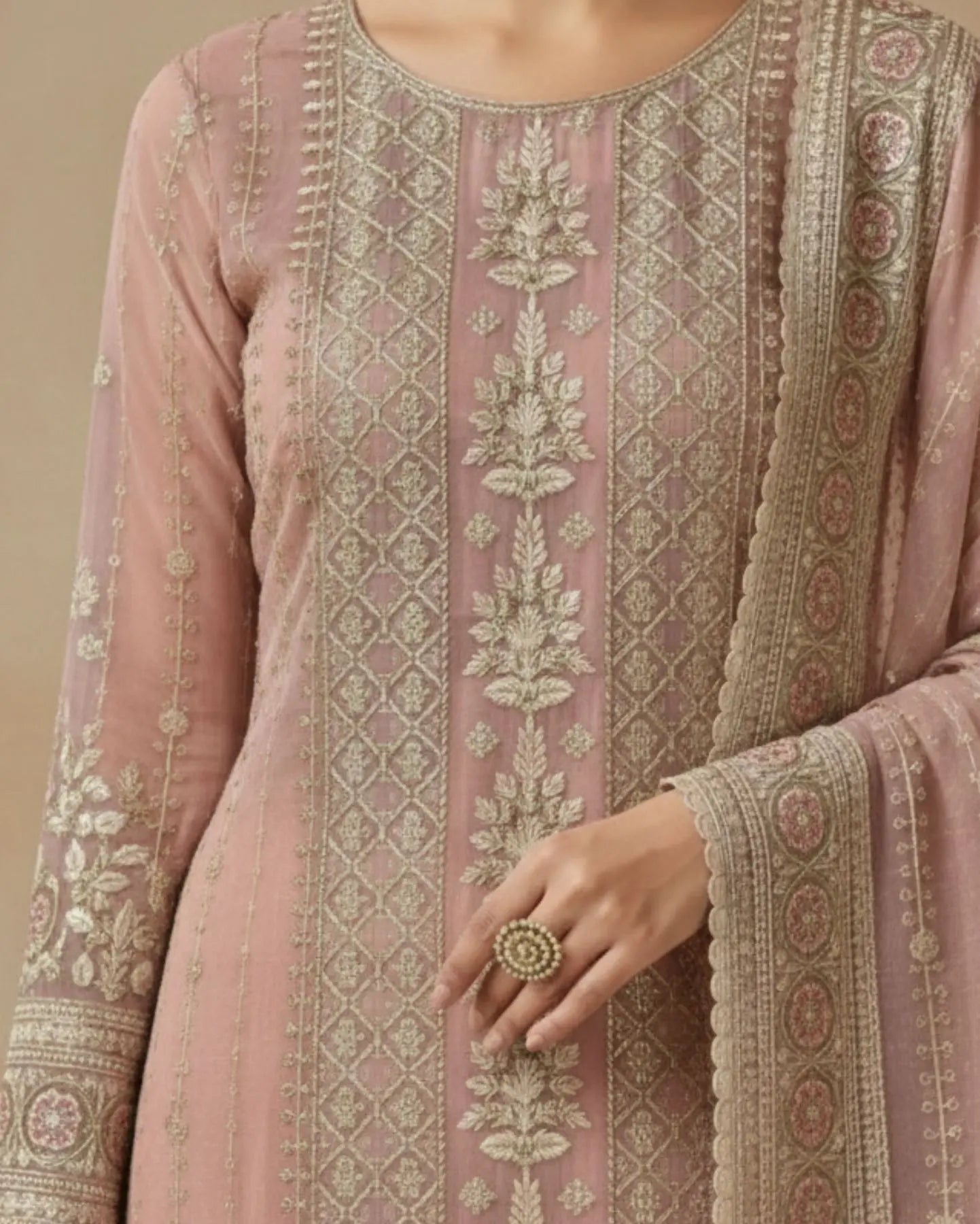 Unstitched Soft Blush Pink Organza With Intricate Ivory And Gold Threadwork Embroidery Suit Material