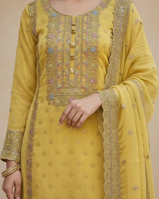 Semi-Stitched Pastel Yellow Organza With Embroidery Suit Material