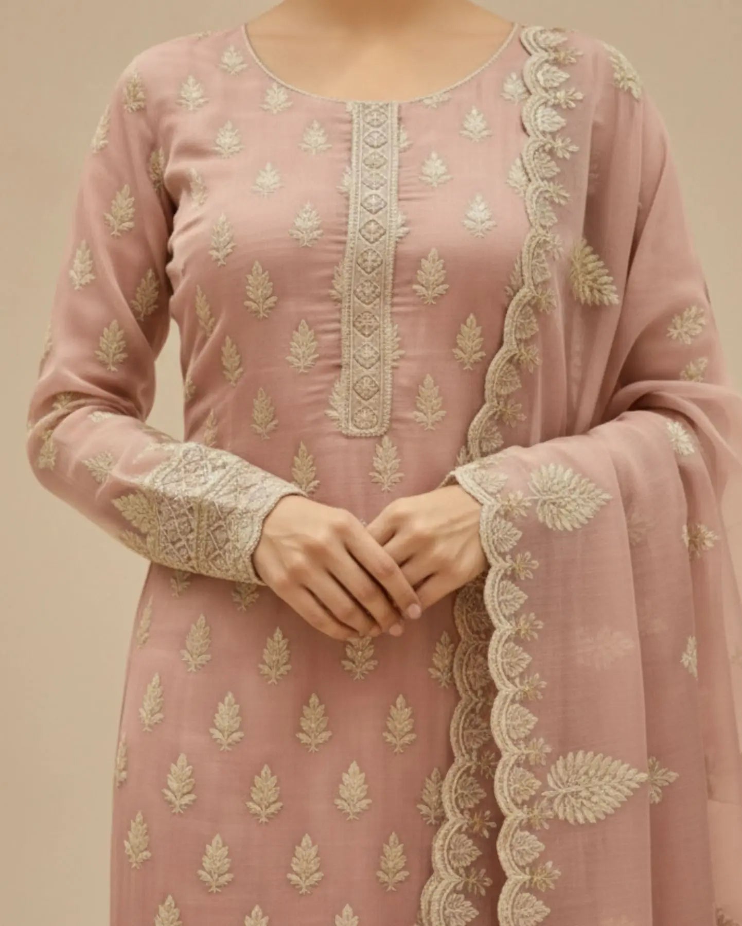 Semi-Stitched Dusty Rose Organza With Delicate Ivory Thread And Sequin Floral Motifs Suit Material