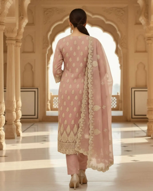 Semi-Stitched Dusty Rose Organza With Delicate Ivory Thread And Sequin Floral Motifs Suit Material