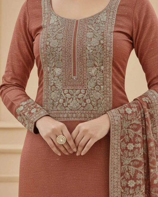 Semi-Stitched Deep Wine-Red Muslin Silk Suit Embellished With Scattered Rhinestone Butti And Intricate Golden Zari Embroidery