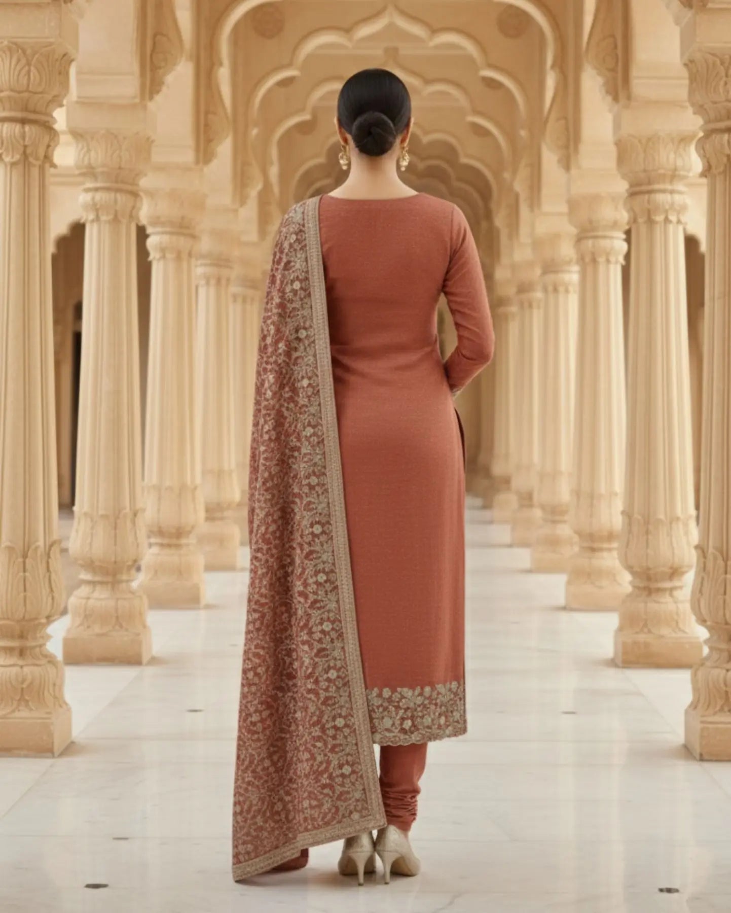 Semi-Stitched Deep Wine-Red Muslin Silk Suit Embellished With Scattered Rhinestone Butti And Intricate Golden Zari Embroidery