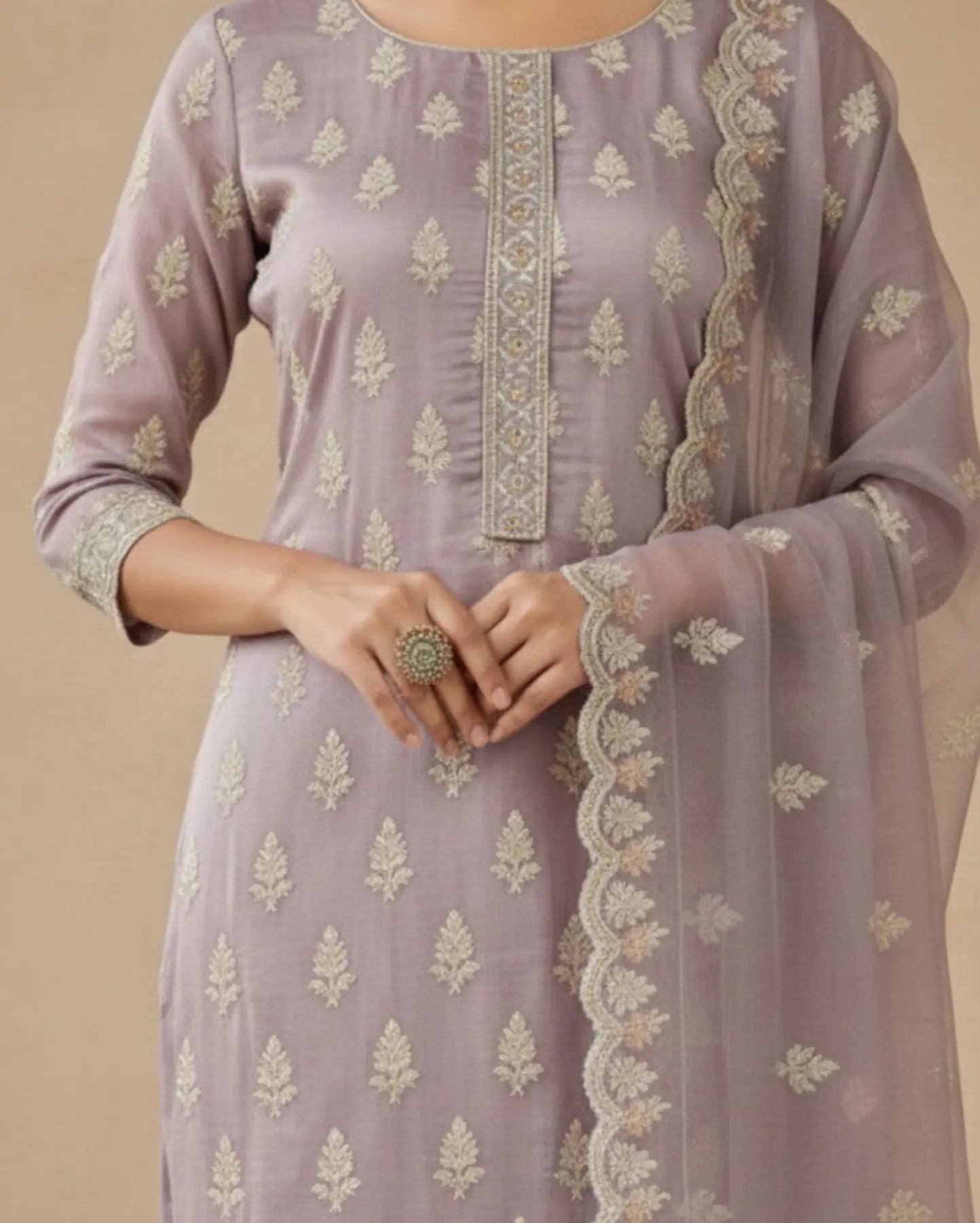 Semi-Stitched Dusty Lavender Organza With Ivory Tree-Motif Sequin Embroidered Suit Material