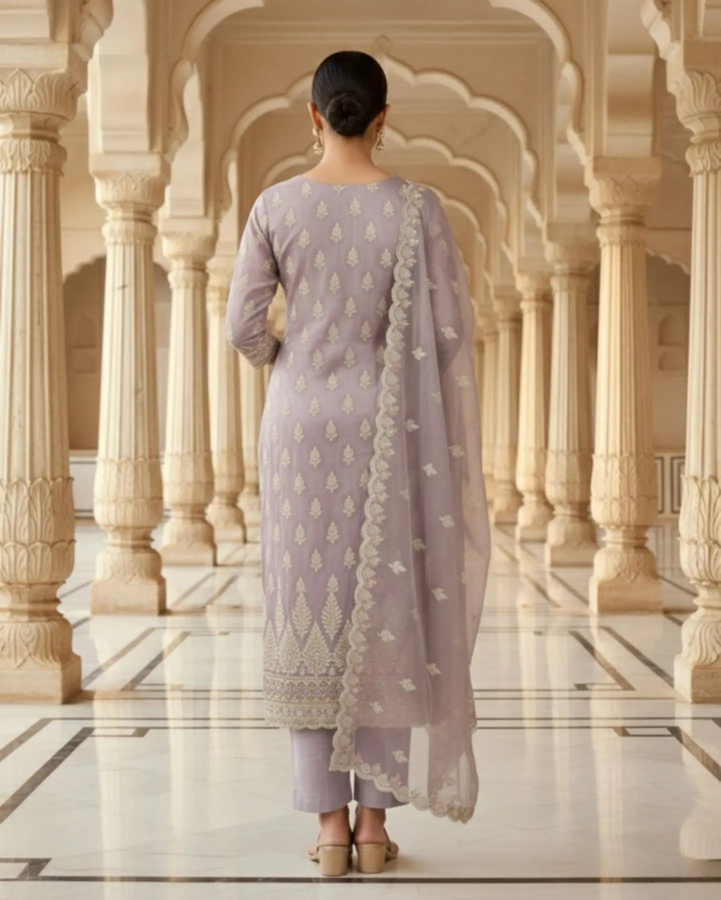 Semi-Stitched Dusty Lavender Organza With Ivory Tree-Motif Sequin Embroidered Suit Material