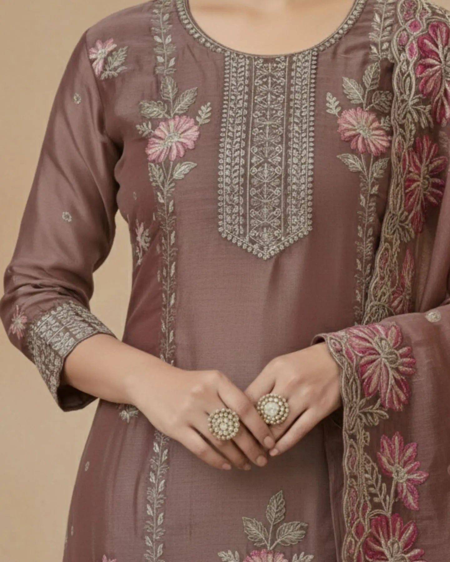 Semi-Stitched Champagne Brown Shimmer Organza With Multicoloured Thread Embroidery Suit Material