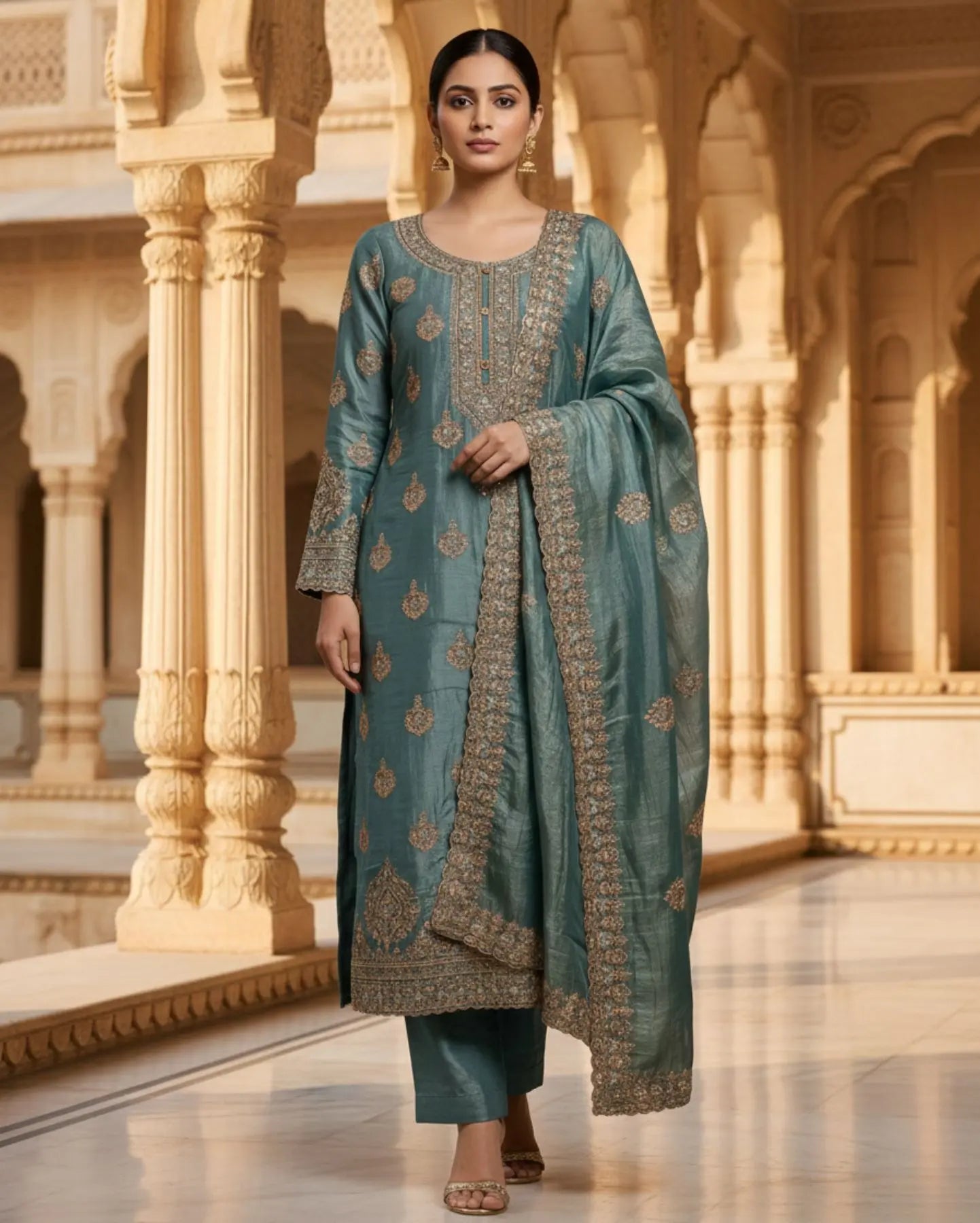 Semi-Stitched Soft Organza-Silk In Pistachio Green With A Gentle Luminous Sheen Suit Material