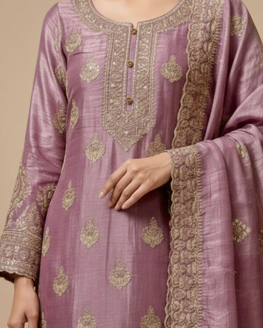 Semi-Stitched Shimmer Organza Silk In Soft Lavender Suit Material