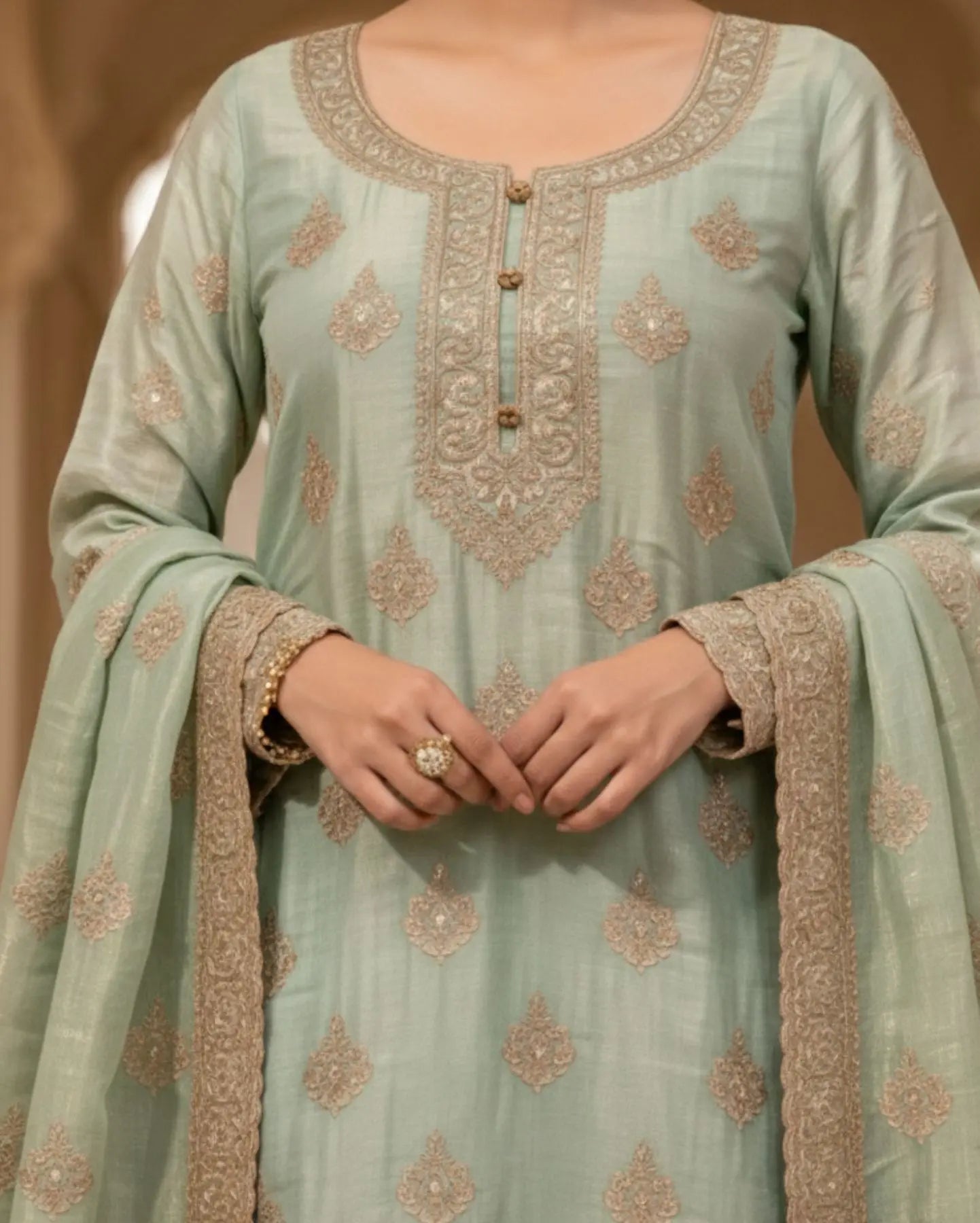 Semi-Stitched Soft Sea-Green Tissue Silk Wth A Glossy, Crinkled Texture Suit Material