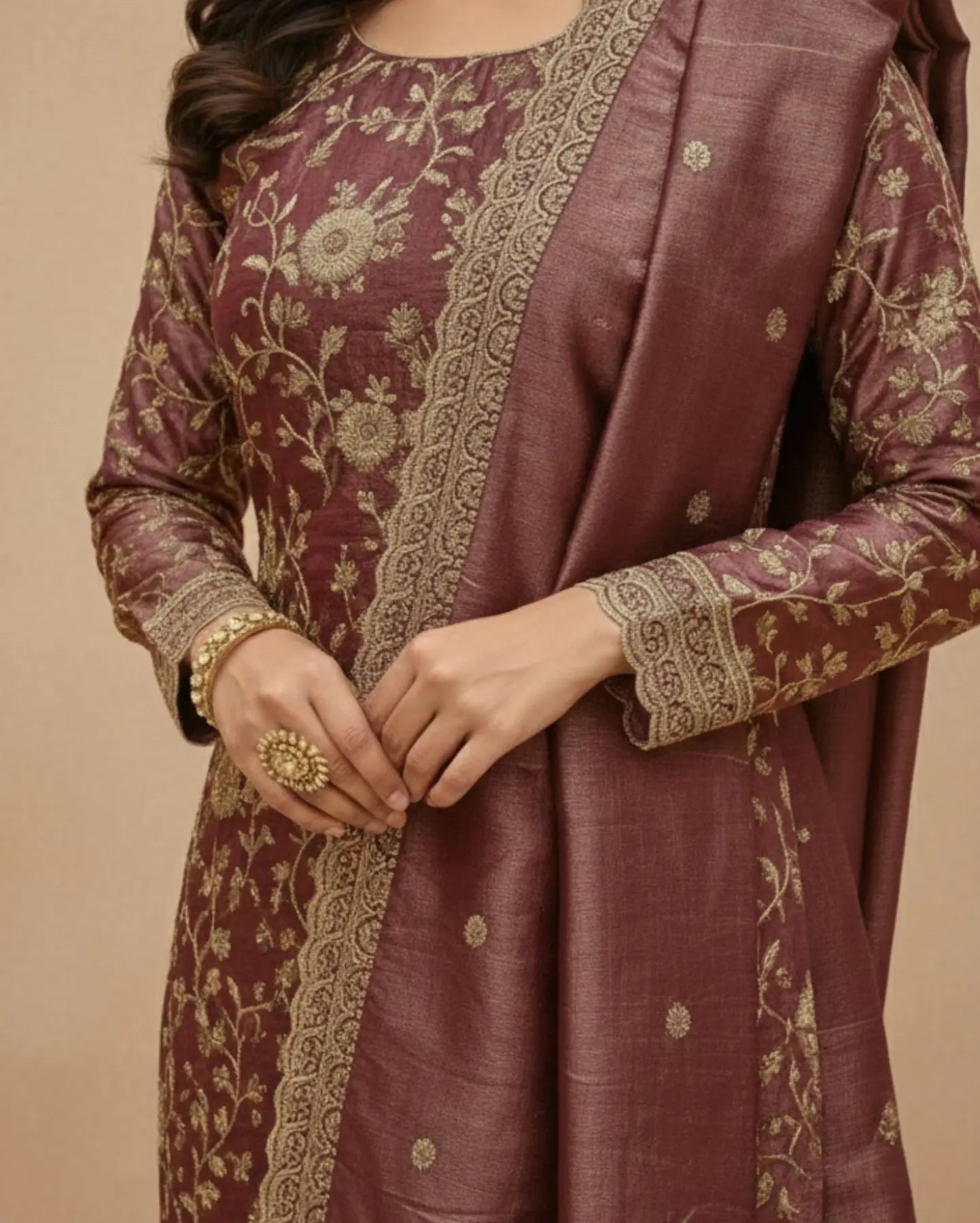 Unstitched Mauve Silk-Textured Fabric With Zari Suit Material