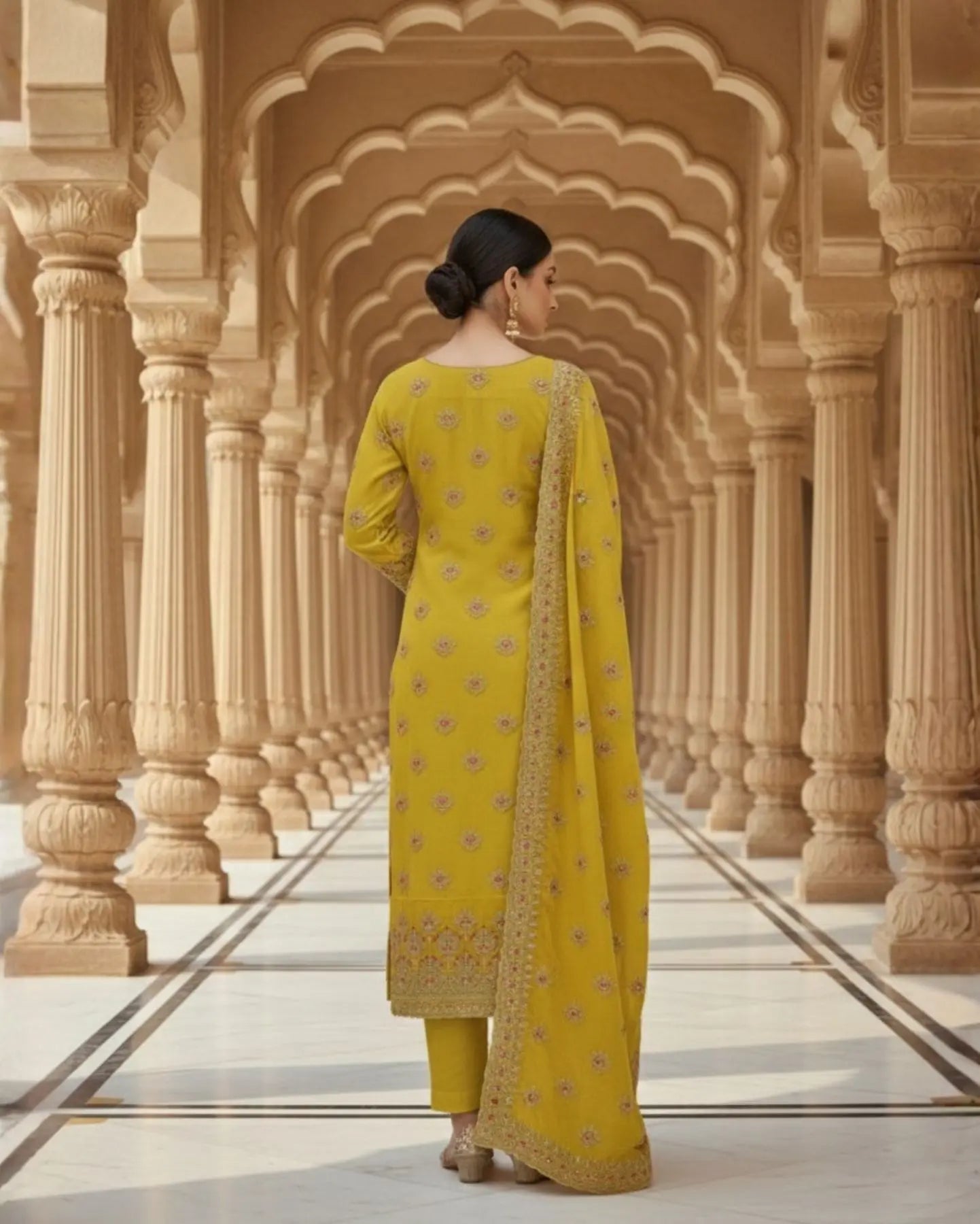 Unstitched Mustard Shimmer Silk-Blend Embroidered Suit Material