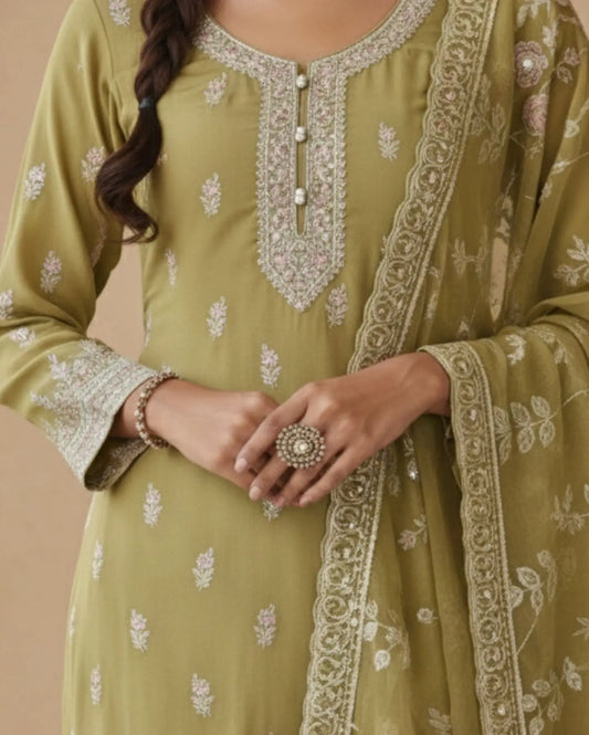 Semi-Stitched Olive Green Pure Organza Suit With Delicate Pastel Thread And Sequin Neckline Embroidery