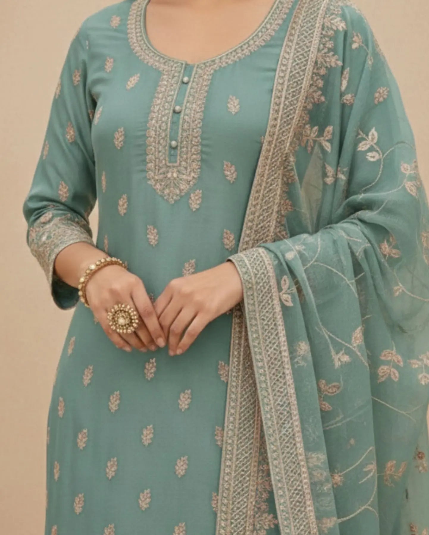 Semi-Stitched Light Aqua Pure Organza Suit With Delicate Zari–Resham Thread Embroidery