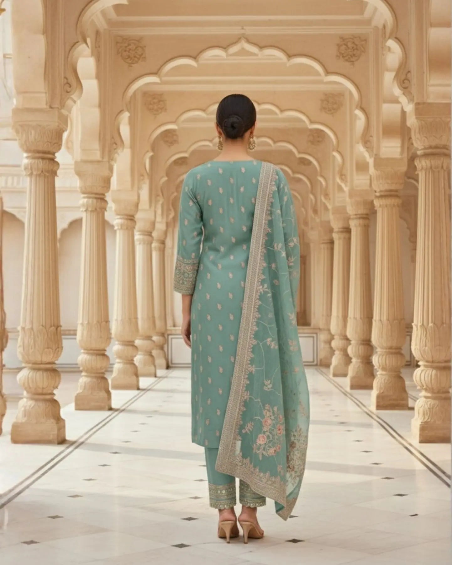 Semi-Stitched Light Aqua Pure Organza Suit With Delicate Zari–Resham Thread Embroidery