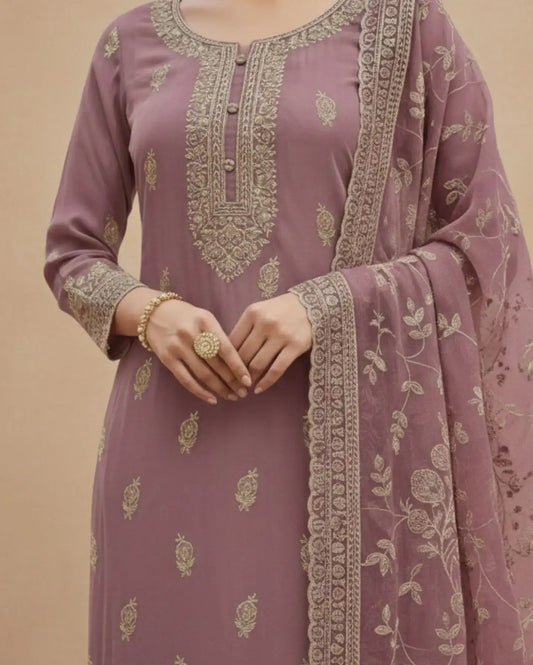 Semi-Stitched Dusty Mauve Chiffon Suit With Delicate Golden Thread And Sequin Embroidery