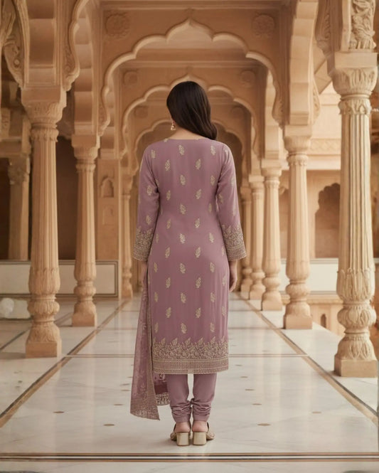Semi-Stitched Dusty Mauve Chiffon Suit With Delicate Golden Thread And Sequin Embroidery