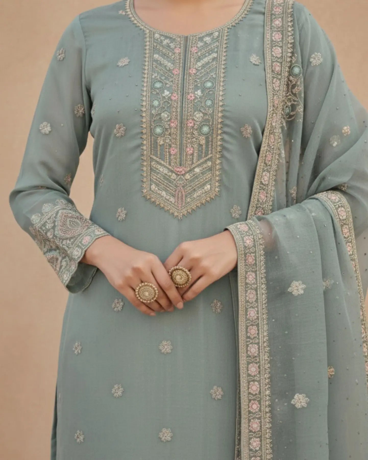 Sky Blue Semi-Stitched Embroidered Organza Suit Set With Dupatta